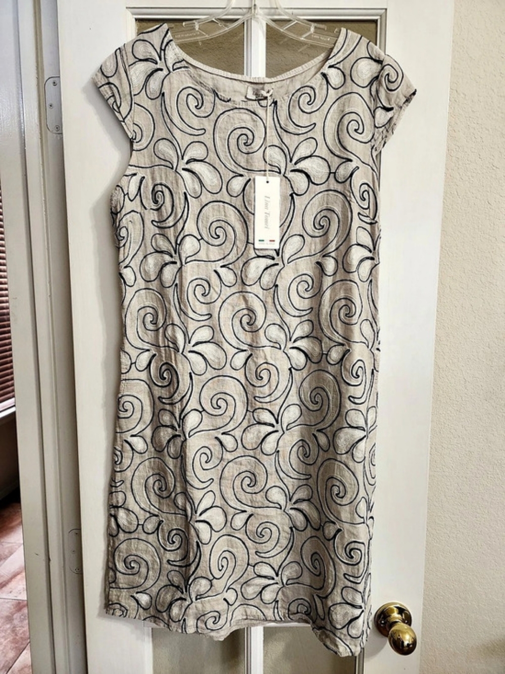 NWT Lina Tomei XL Linen Embroidered Shift Dress Made in Italy Pockets